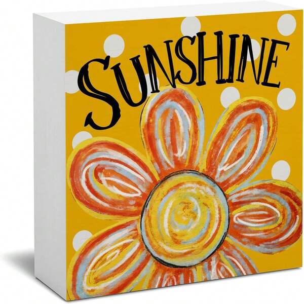 1pc 5*5inch(12.4*12.4cm) Summer Decor, Farmhouse Sunshine Yellow Wooden Box Sign, Rustic Country Decorations For Home Office Nursery Playroom Wall Tabletop Shelf