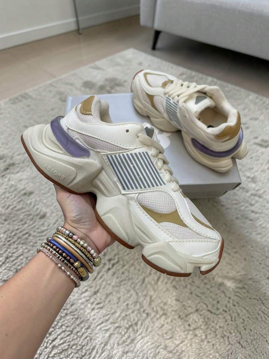 Women's Casual Chunky Sneakers, Beige Platform Sneakers With Lug Sole. - Rượu sâm banh - Xem 1