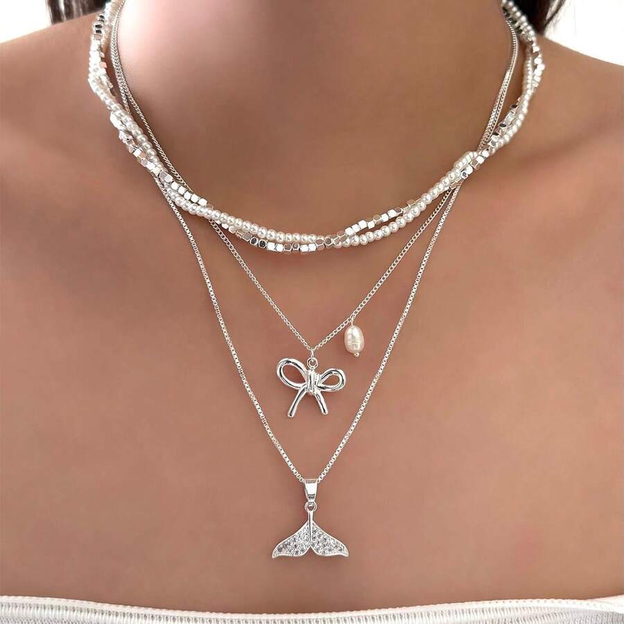 Multi-Layer Rhinestone Fish Tail & Bow Pendant Necklace, Layered Faux Pearl Jewelry Suitable For Women's Daily Wear - Silver - View 1