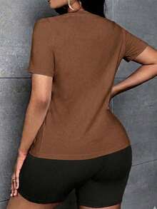 Conjunto set paquete pack 2 piezas dama mujer playera camiseta blusa gráfica manga corta cuello redondo shorts leggings biker cortos básico casual estampado ciudades new york NY nueva york - Cafe - Ver 2