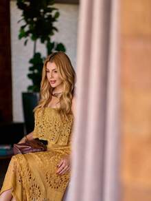 Women's Elegant Summer Resort Set In Cropped Lace Knit Top And Long Skirt With Sheer Detail - 金色 - 查看 10