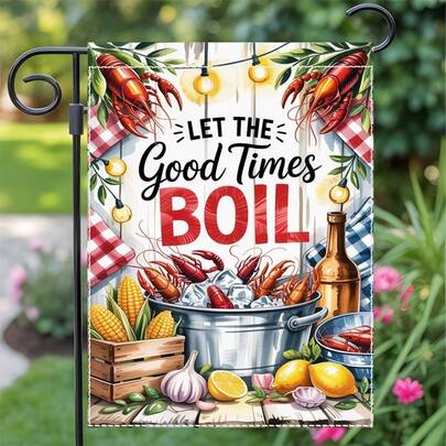 2D平面设计，单件装，彩色海鲜派对迎宾花园旗，不含旗杆，尺寸为12x18英寸，采用耐用涤纶材质，是庭院装饰的理想之选，也适用于万圣节和圣诞节。