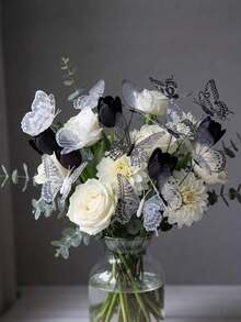 20个/10个复古防水PVC蝴蝶花园插牌，3D黑白蝴蝶造型插杆，花卉蝴蝶花园装饰插杆 - 逼真的户外装饰，适用于婚礼和家居，无需用电，充满乡村魅力。耐用的黑白蝴蝶装饰品，婚礼配件，农舍风格装饰，耐用PVC花卉，室内园艺艺术，阳台盆栽植物花坛家居装饰，带可弯曲杆的蝴蝶植物插杆。 - 彩色 - 查看 3