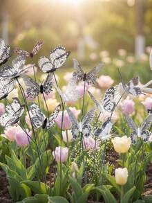 20个/10个复古防水PVC蝴蝶花园插牌，3D黑白蝴蝶造型插杆，花卉蝴蝶花园装饰插杆 - 逼真的户外装饰，适用于婚礼和家居，无需用电，充满乡村魅力。耐用的黑白蝴蝶装饰品，婚礼配件，农舍风格装饰，耐用PVC花卉，室内园艺艺术，阳台盆栽植物花坛家居装饰，带可弯曲杆的蝴蝶植物插杆。 - 彩色 - 查看 8