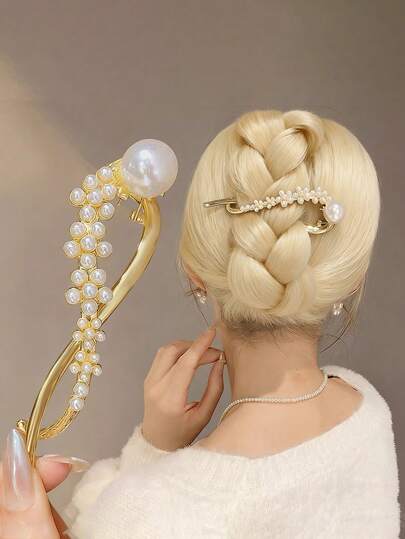 1pcLuxury Pearl Hair Clips:Gold Twist Hair Pins With Large Pearl, Stylish Hair Accessories For Women & Girls