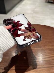 Flower Black Electroplated Soft TPU Protective Phone Case With Maroon Lily Pattern, Compatible With IPhone 17/17e/17 Pro/17 Pro Max/16/16 Pro/16 Plus, Minimalist Fashionable Shock-Resistant Personalized Creative Suitable For Self-Use Or Gift - Black - View 6