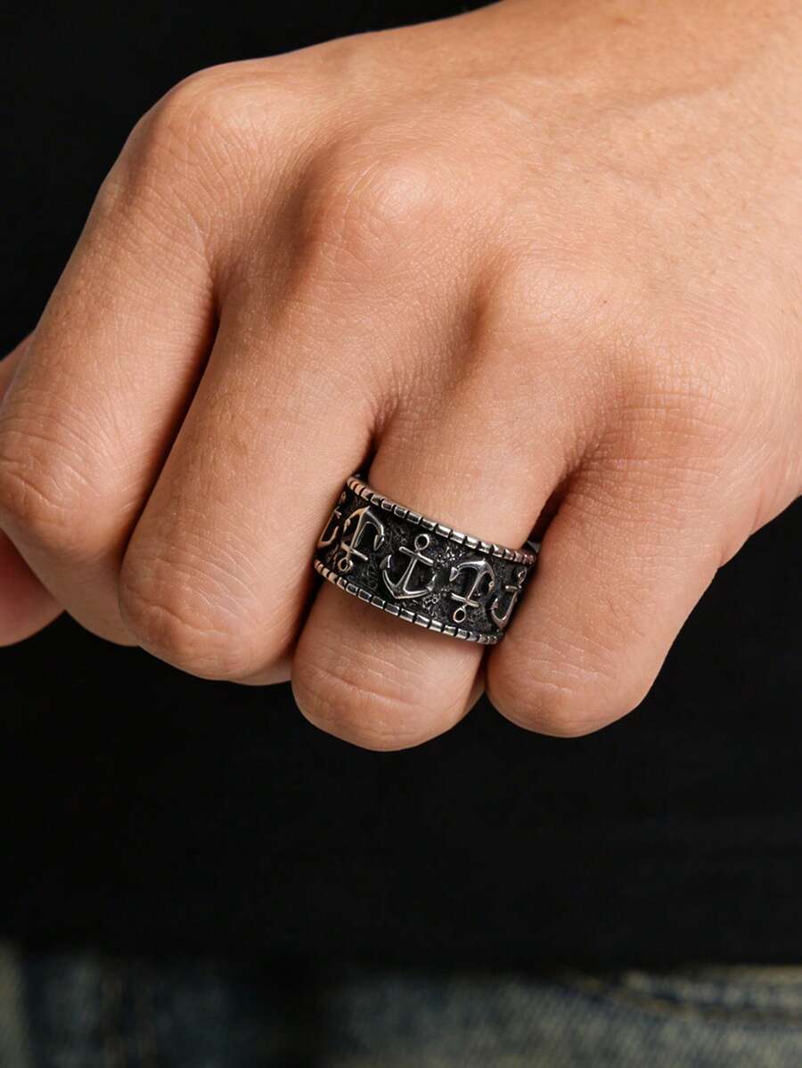 1pc Stainless Steel Anchor Band Ring For Men, Vintage Distressed Finish, Perfect For Nautical & Retro Style - Anchor - View 1