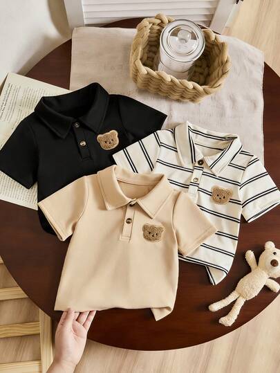 Bhchntiy 3pcs/Set Infant Boys' Summer Striped & Solid Color Cute Bear Polo Collar Casual Fashion Polo Shirt Set