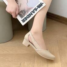 Zapatos de tacón para mujer Nuevas sandalias de punta afilada para mujer, estilo coreano veraniego, punta afilada, versátiles, sencillas, con puntera cubierta, tacón medio, informales, antideslizantes, chanclas. - Beis - Ver 5