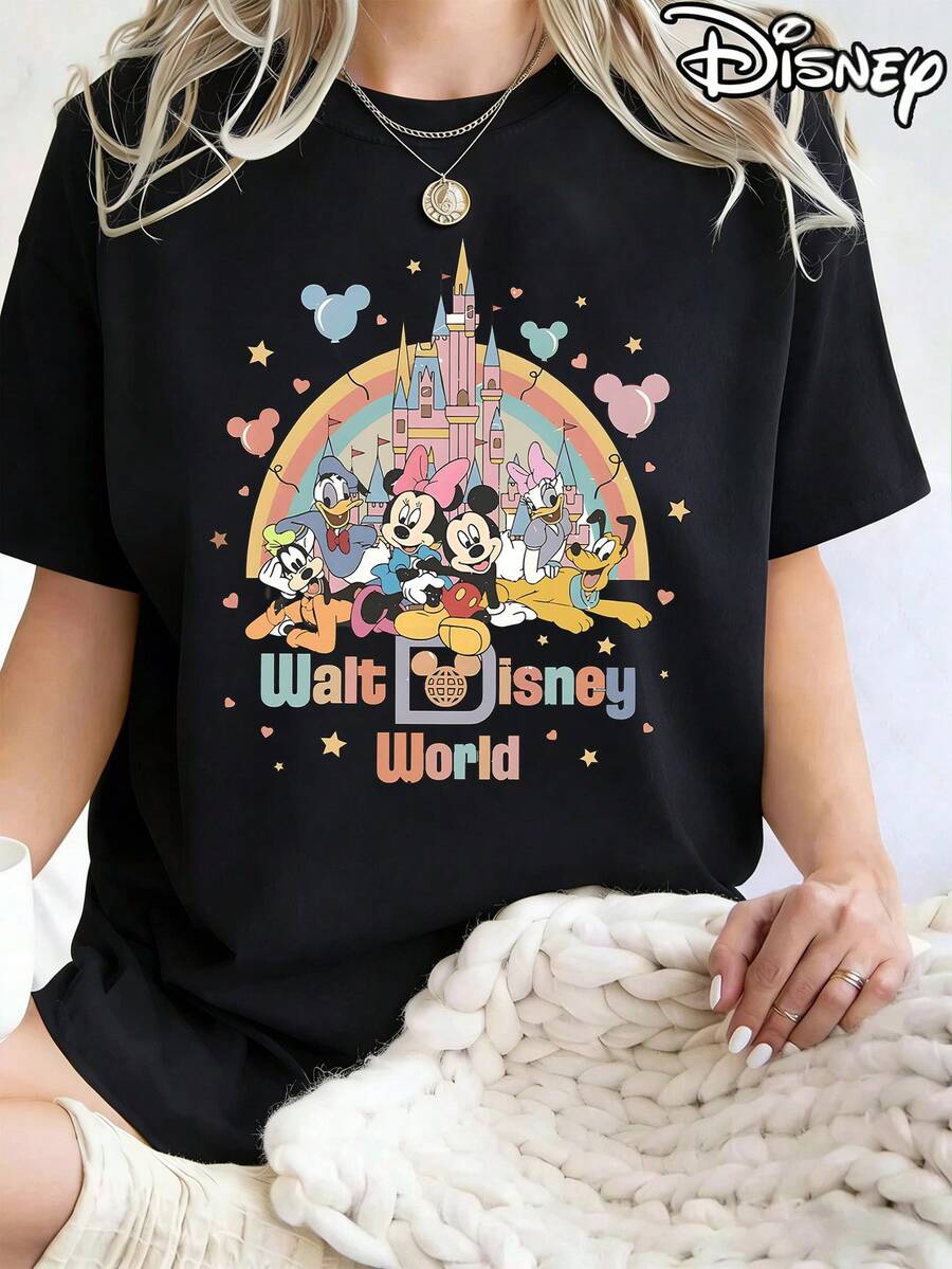 Women's Casual Disney World Cartoon Graphic Print Short Sleeve Cotton Round Neck T-Shirt - 黑色 - 查看 1
