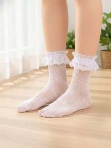 1 Pair Lace Top Mid-Calf Socks For Women, Cute Big Lace Trim, Stretchy Hollow Mesh Lolita Style Kawaii Socks - 白色 2 - 查看 6