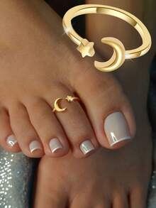 1pc S925 Sterling Silver Minimalist Star & Moon Adjustable Toe Ring, Suitable For Summer Beach Wear - Star and Moon Toe Ring - View 2