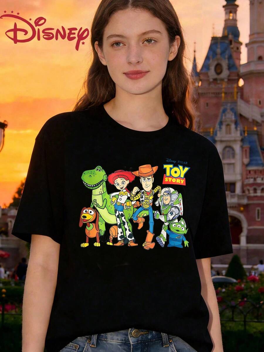 Women's Casual Disney Toy Story Graphic Print Cotton Round Neck Short Sleeve T-Shirt - Black - View 1