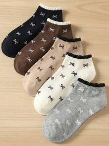 5双装女士透气可爱蝴蝶结图案休闲短袜，适合日常穿着和外出，四季皆宜 - 彩色 - 查看 7