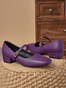 MonaNise Coffee Mary Jane Square Toe 3cm Heel Pumps, Suitable For Work, Dinner, Party, Vintage Black, Khaki Casual Versatile High-End Fashion Shoes - Purple - View 2