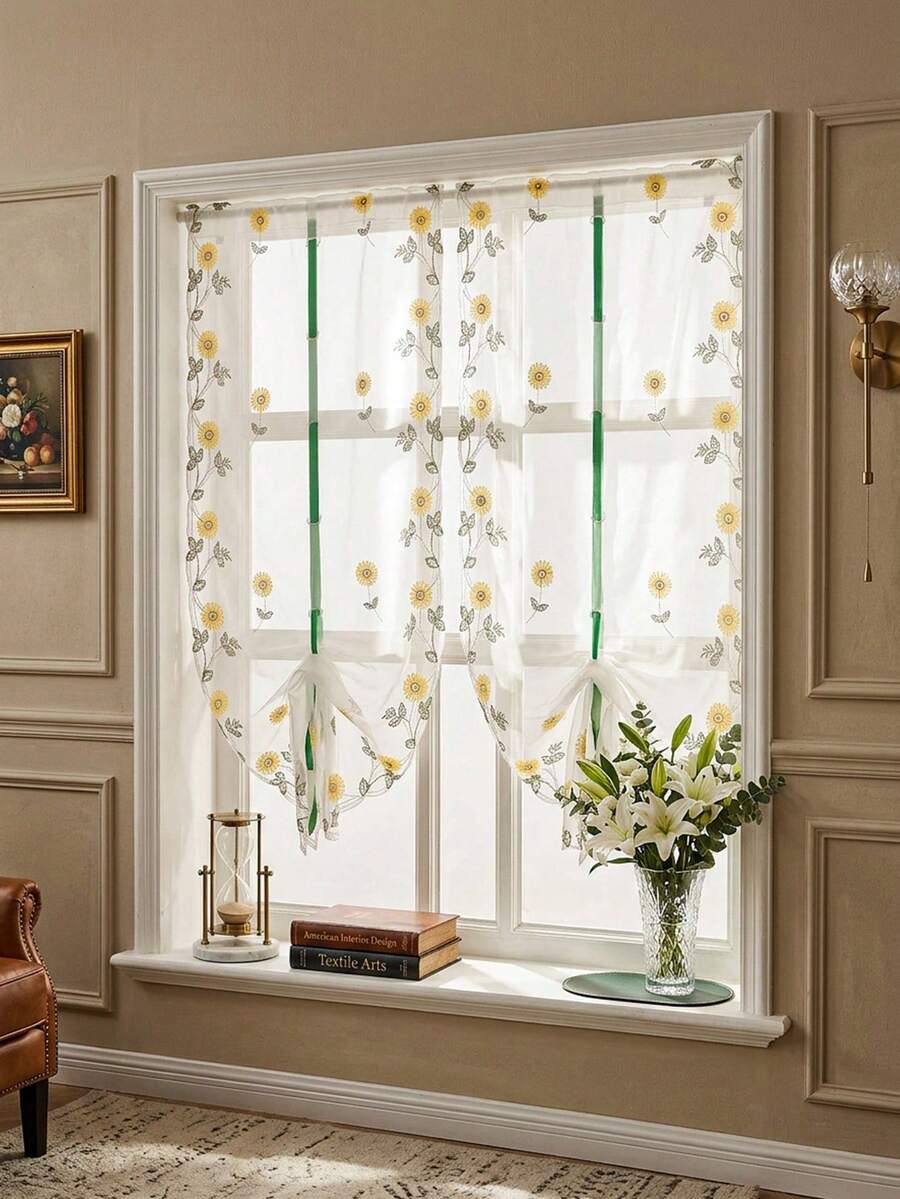 花朵刺繡1片薄透羅馬窗簾 - 白色 - 查看 1