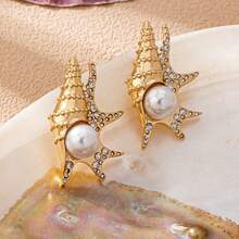 1 Pair Vintage Niche Design Creative Personalized Versatile Shell Inlaid Pearl Earrings, Bridal Beach Jewelry, Summer Party Accessories,Jewellery,Festival,Accessories - Gold - View 3