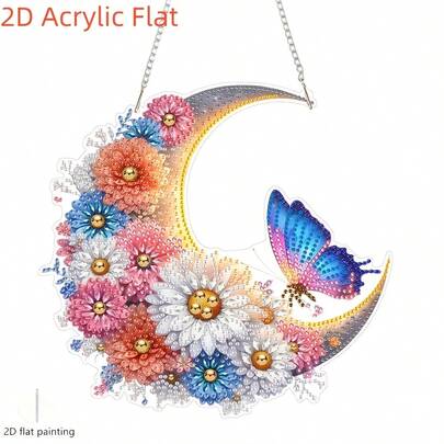 1pc 2D Flat Moon, Floral & Butterfly Theme 2D Flat Single-Sided Asymmetrical Rhinestone Painting Kit - Includes Crescent Moon, Colorful Flowers, Gradient Butterflies - Acrylic Rhinestone Handmade DIY Gift, Suitable For Home Decor Bedroom Living Room