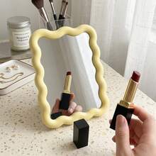 Wave Shaped Portable Folding Makeup Mirror 6.7X5.3 Inch Cute Standing Hanging Vanity Mirror Lightweight Travel Friendly Desk Mirror For Home Decoration Daily Makeup Yellow - trắng - Xem 2