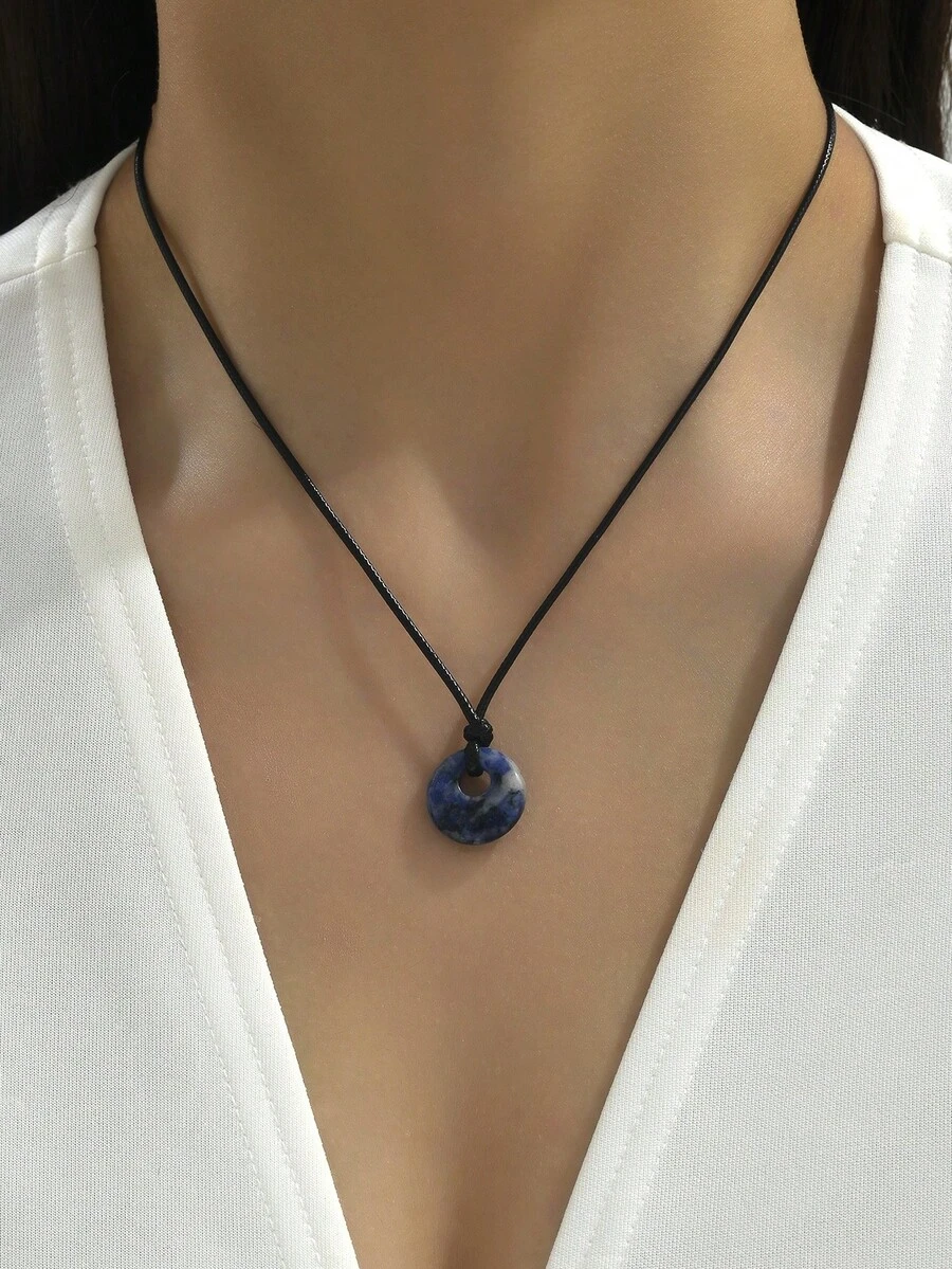 1pc Fashionable Minimalist Stone Pendant Necklace, Suitable For Daily Wear - Navy Blue - View 1
