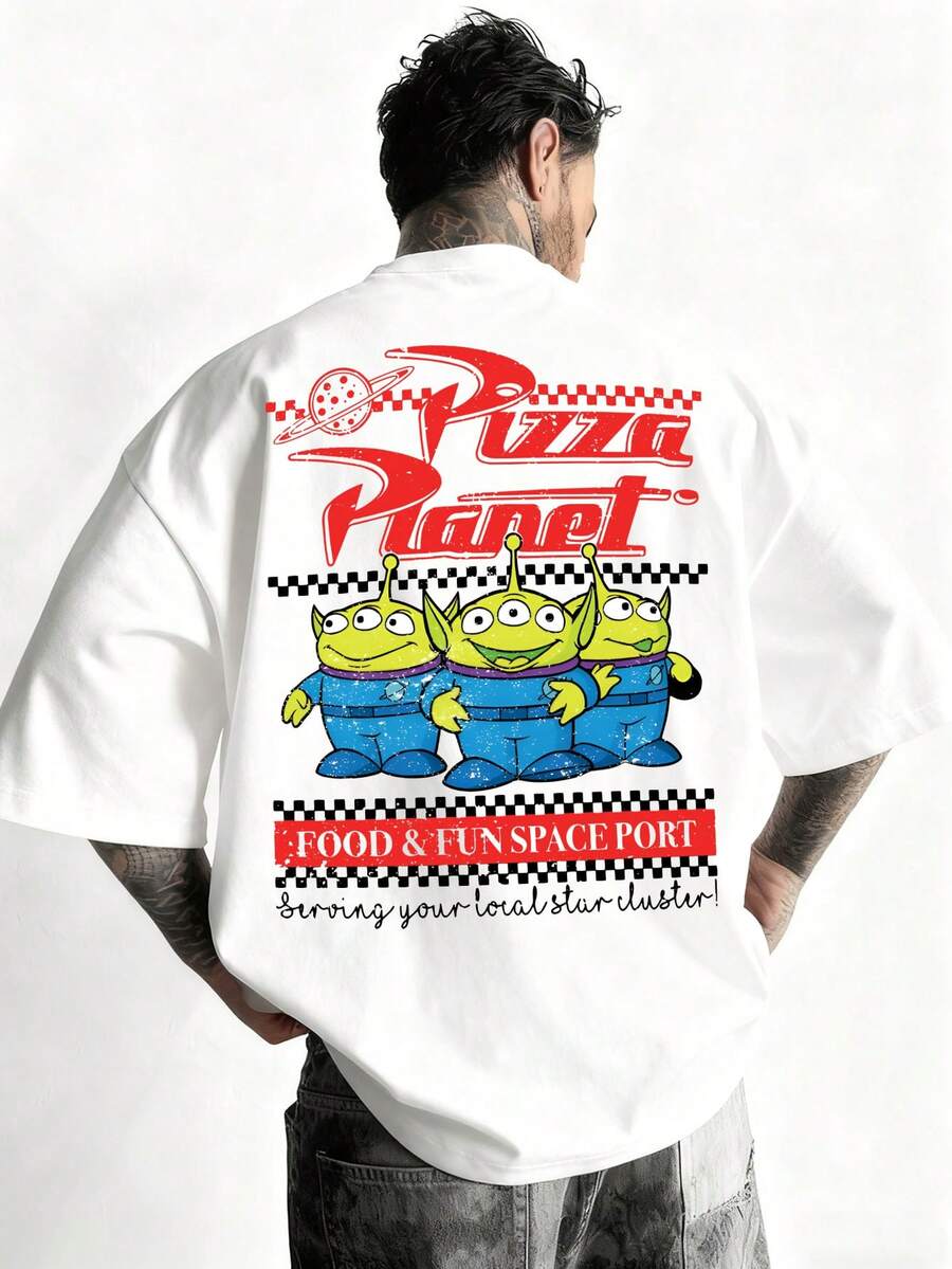 Disney-American Retro Vintage | Toy Story Three Eyed Pizza Planet Fun Printed Loose Short Sleeved T-Shirt - 白色 - 查看 1