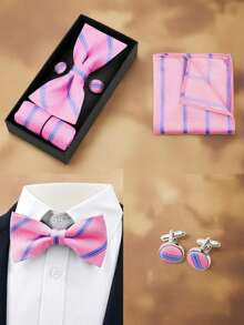 3pcs Striped Bow Tie, Pocket Square, Cufflinks Gift Set, Groom/Host Formal Accessories - Multicolor - View 6