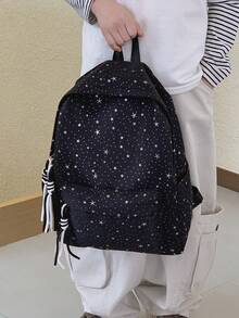 1个亮片星形尼龙面料多口袋休闲背包，拉链封口，适合青少年、上学和日常使用，四季皆宜。 - A - 查看 5