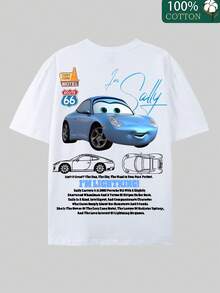 Disney-American Retro Sally Carrera Heavyweight Pure Cotton Short Sleeved | "Cars" 911 Printed T-Shirt - White - View 3