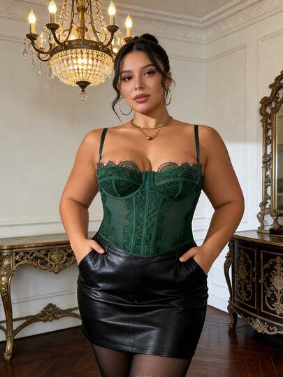 Top de encaje esmeralda vintage, corpiño recortado de malla con refuerzo de aros, talla grande