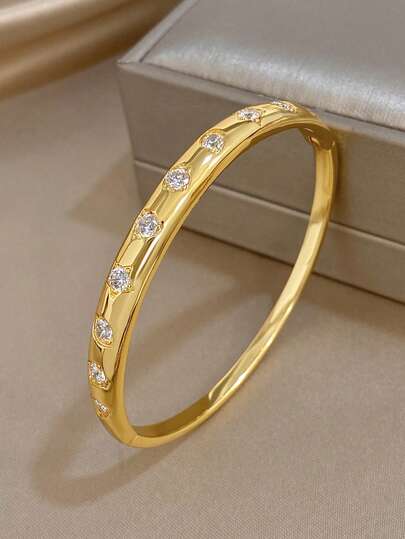 Minimalist Luxury Bracelet - Gold-Tone Adjustable Bracelet Inlaid With Round Clear Crystal Accents, Versatile Elegant Jewelry Suitable For Formal Events And Modern Minimalist Style, Fashionable Gift For Birthday, Anniversary, Valentine's Day And Celebrations, Jewelry For Girls, Children's Jewelry, Bracelet, Beach Jewelry