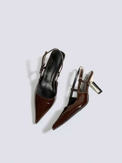 Women's Coffee Brown Patent Leather High Heel Shoes, Open Toe High Heels, Party High Heels, Wedding Shoes, Mary Jane Shoes, Formal Shoes, Backless Pointed Toe Buckle Slip-On High Heels