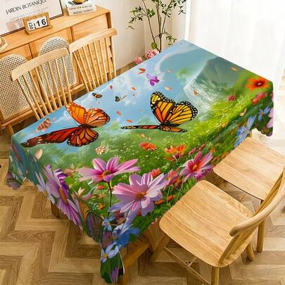 1pc Spring Mori Style! Butterfly Landscape Wavy Edge Tablecloth, Spring Nature Decor Easy To Clean Dining Table Cover, Polyester Material, Suitable For Family Gathering, Holiday Party, Outdoor Wedding, Indoor & Outdoor Use, Gift