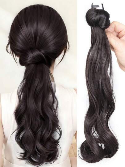 韩式合成纤维假发马尾辫，休闲优雅，低马尾带夹子，卷发髻，自然蓬松，逼真马尾辫，适合女性日常佩戴。