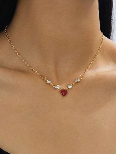 1pc Elegant French Romantic Luxury Rhinestone Red Drip Oil Heart Pendant Necklace, Unique Design Delicate Choker For Women