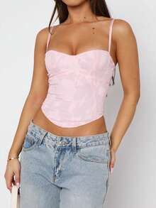 Vaiaye 女士花卉提花吊带露脐上衣，性感系带吊带休闲背心，夏季百搭，适合日常休闲和约会穿着，粉色 - 粉色 - 查看 7