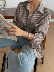 Áo kiểu nữ dài tay màu vàng, họa tiết sọc, cài cúc trước, có túi, thích hợp cho lễ hội âm nhạc, kỳ nghỉ xuân, đi biển, du lịch. - màu nâu - Xem 5