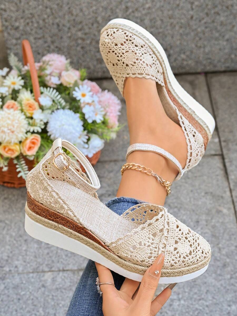 Sandal Wedges Linen Musim Panas Terbaru untuk Wanita, Sandal Roman Anyaman Berongga dengan Sol Tebal dan Tali yang Dapat Diatur - Krem - View 1