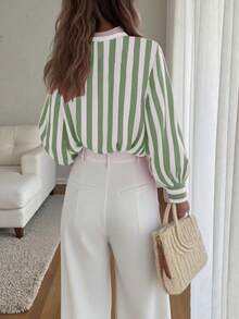 女士秋季街头复古轻薄外套，波西米亚撞色条纹图案休闲翻领长袖纽扣宽松舒适优雅浪漫都市休闲衬衫春季 - 薄荷綠 - 查看 3