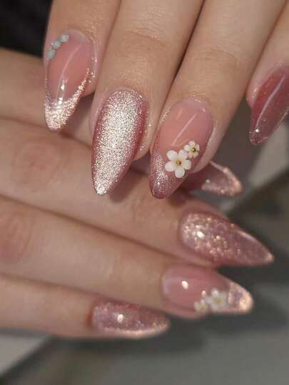 10pcs Handmade Nail Stickers, Nail Art Supplies, Nail Decorations, Short False Nails, Summer Nails, Acrylic Nail Stickers, Y2K Style, Pink Nails, Pink Cat Eye Glitter Nails. The Nail Surface Is Decorated With Small White Flowers And Pearl Accents, With A Minimalist And Elegant Style, Suitable For Women's Daily Commute And Dating.