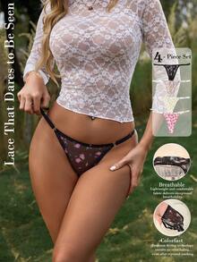 4条装女士可调节肩带透视网纱花卉豹纹丁字裤内裤，性感低腰T字后背内裤套装 - 彩色 - 查看 1