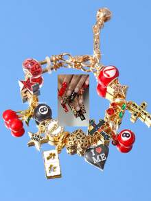 1条“爱自己”字母吊坠手链，1条深色十字架樱桃手链，1条星星女孩樱桃手链，1条宗教十字架手链，1条心形樱桃手链 - 金色 - 查看 3