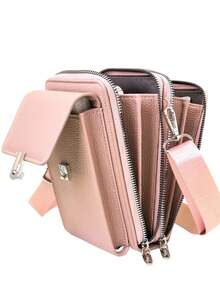 New Arrival Multi-Function Large Capacity Double-Layer Zipper Phone Wallet Crossbody Bag, Fashionable Minimalist Soft Pattern, Casual Vacation Date - Pink - View 3