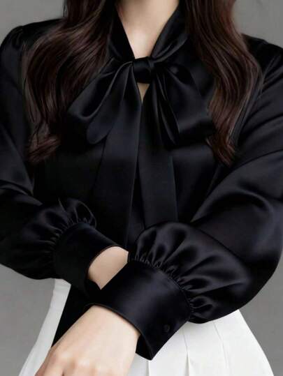 大码女士优雅缎面黑色长袖休闲衬衫，实用通勤上衣，蝴蝶结领口 - 纯色设计，适合所有季节，春季穿着