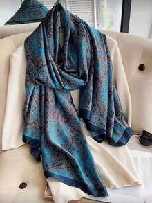 1pc Women's Turkish Blue Printed Faux Silk Scarf, Can Be Used As Headwear, Neck Warmer, Or Dress Accessory - Turquoise Blue - View 2