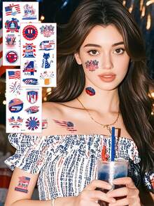 6片装独立日派对主题彩绘脸部临时纹身贴纸，适用于国庆派对聚会、节日活动，打造独立日妆容 - 彩色 - 查看 5