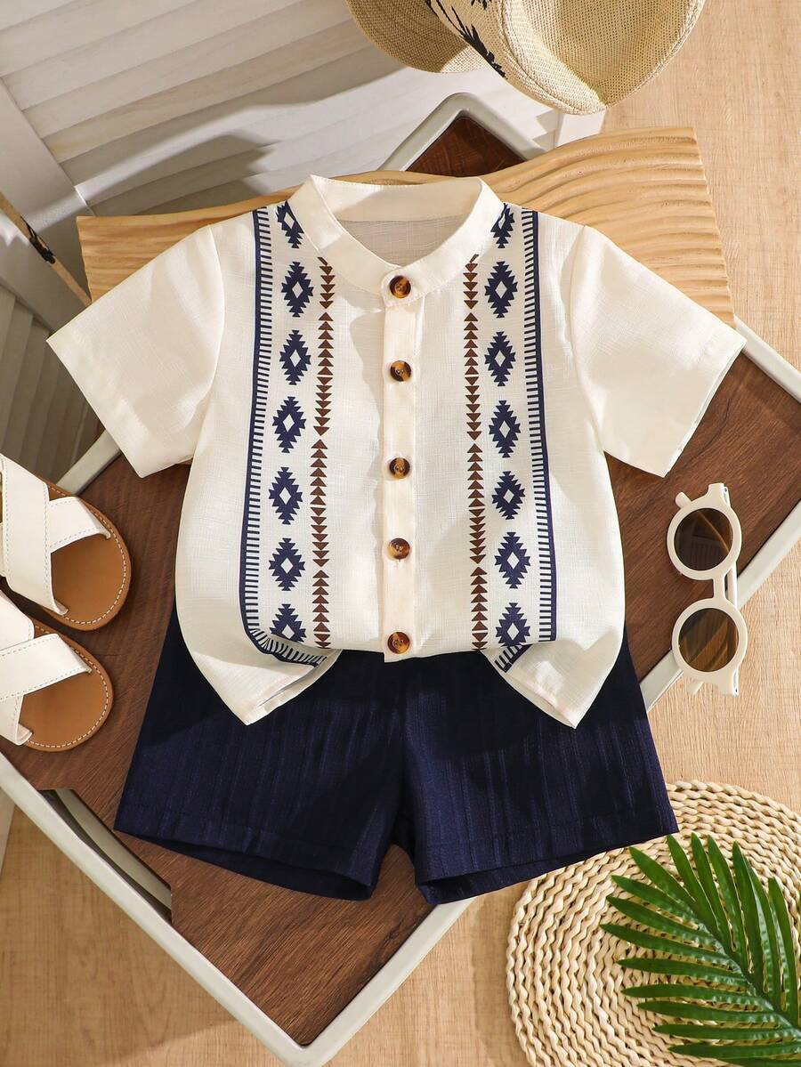 2pcs/Set Baby Boy Retro Print Full Button Short Sleeve Shirt With Textured Striped Fabric, Elastic Waist Solid Color Shorts, Suitable For Casual Daily Wear And Outings