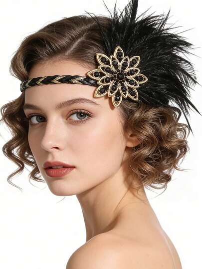 1pc 1920s Retro Headband, Faux Feather, Roaring Twenties Vintage Hair Accessory, Turban Style Headband, Sweatband, Autumn/Winter Holiday Headband, Elegant Scarf For Women, Ladies Headscarf, Soft Headwrap, Wedding Headband