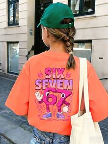 少女款“SIX SEVEN”卡通数码印花粉色T恤，适合日常穿着、街头风、活动场合，休闲百搭的夏季女童上衣 - 珊瑚橙 - 查看 5