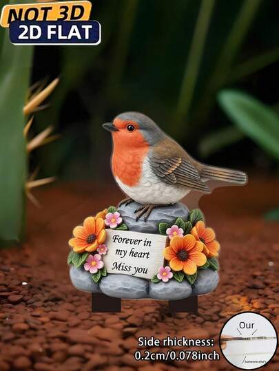 2D Flat Acrylic Bird Sculpture, Summer With Floral Base - Phosphate Orange And White Bird Sculpture, Gray Stone, "Forever In My Heart" Engraving, Suitable For Outdoor Garden Decor, Planters And Yard Decor, Bird Sculpture Meets 11 Holidays, Beautiful Decorative Garden Ornament, Gardening, Balcony, Outdoor Decor