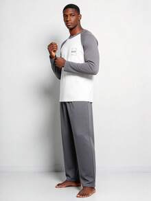 Snug League 男士纯棉圆领长袖上衣和裤子睡衣套装（2件套），透气吸湿，适合春秋季和秋冬季穿着。 - 米色 - 查看 4